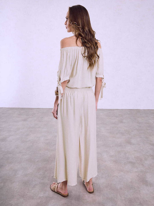 Celestino Γυναικεία Παντελόνα Crop Ψηλόμεση Loose Fit Μπεζ