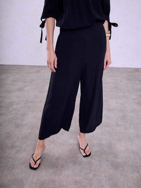 Celestino Pantaloni Largi Crop Talie Înaltă Lejeri Fit Negri