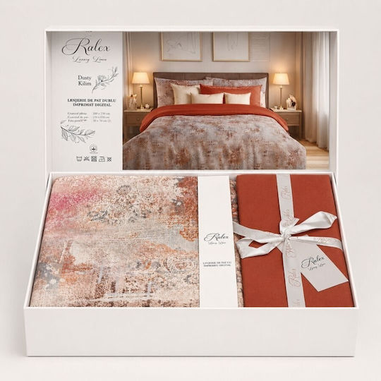 Pucioasa Set Huse Pentru Pilote 100% Bumbac 200x230cm Dublă Cu 2 Fețe De Pernă & 1 Cearșaf Dusty Kilim