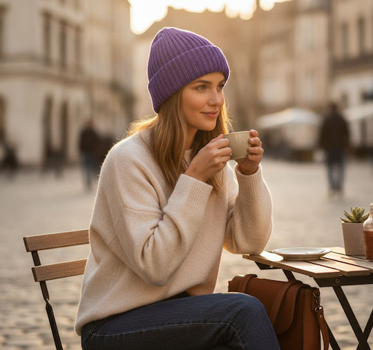 Ribbed Beanie Cap Purple