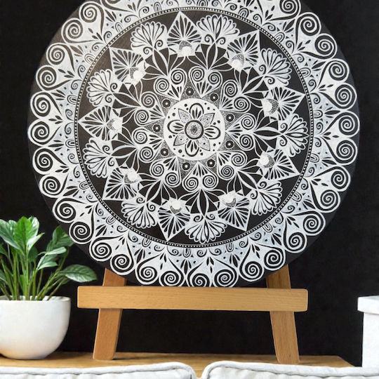 Pictură Mandala Handmade Cerc Calm Desenat Punct Cu Punct În Nuante De Negru Alb 30 Cm