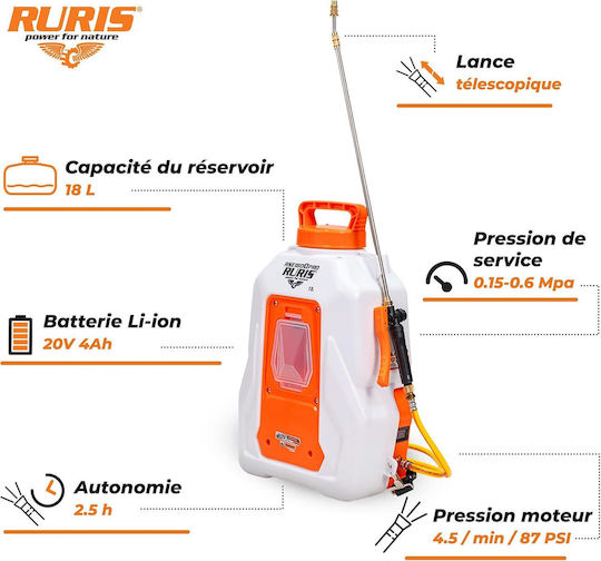 Ruris Rse 1800pro – Pulverizator Cu Rucsac Electric 18 L 6 Bar Lance Telescopic Baterie Neinclusă