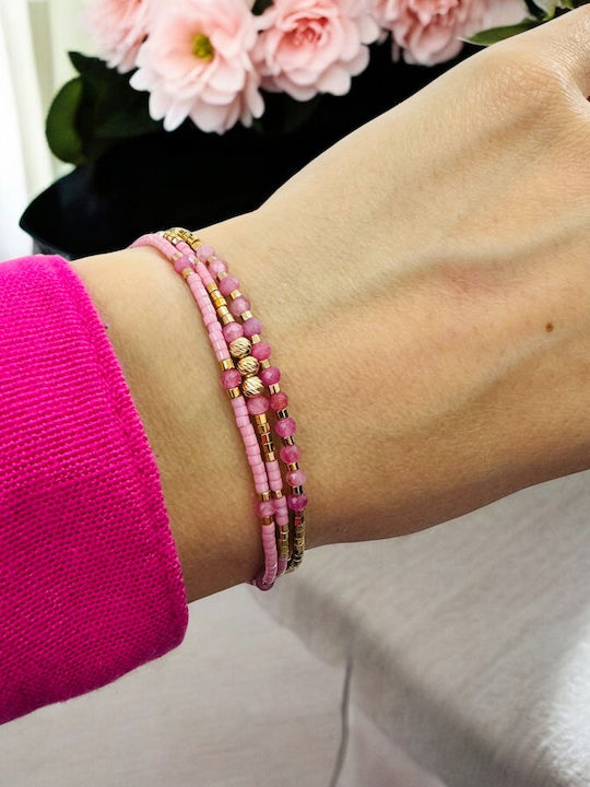 Bratara Roz Handmade Snur Paty Cu 3 Straturi Miyuki Cu Turmalina Roz Placata Cu Argint Aurit