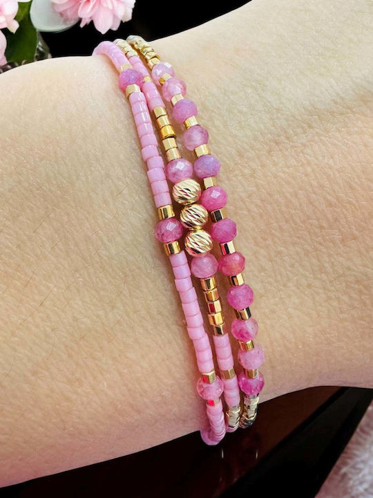 Bratara Roz Handmade Snur Paty Cu 3 Straturi Miyuki Cu Turmalina Roz Placata Cu Argint Aurit