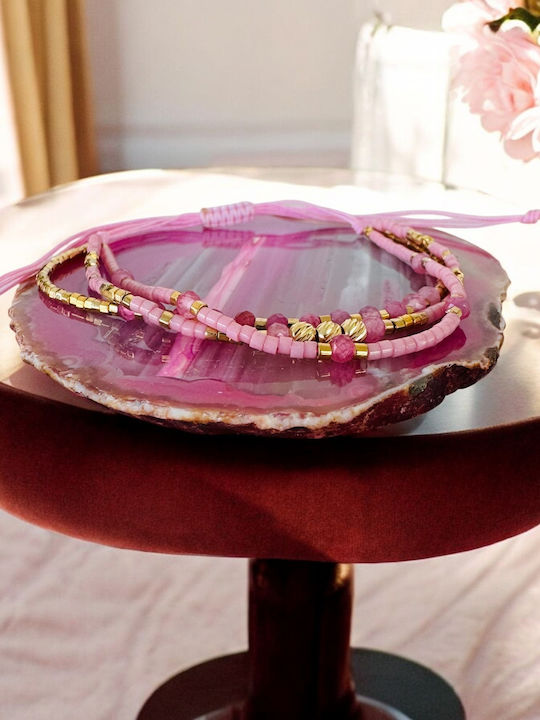 Bratara Roz Handmade Snur Paty Cu 3 Straturi Miyuki Cu Turmalina Roz Placata Cu Argint Aurit