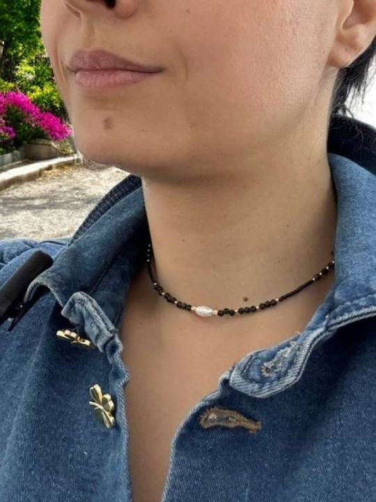 Colier Handmade Elina Choker Din Miyuki Negru Obsidian Argint Placat Cu Aur 925