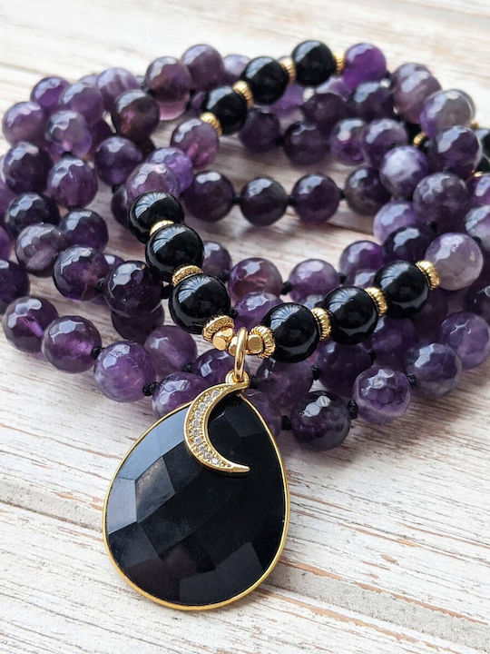 Mantra Mala Kiaan Necklace 108 Mala Beads Amethyst Onyx Semi-precious Stones
