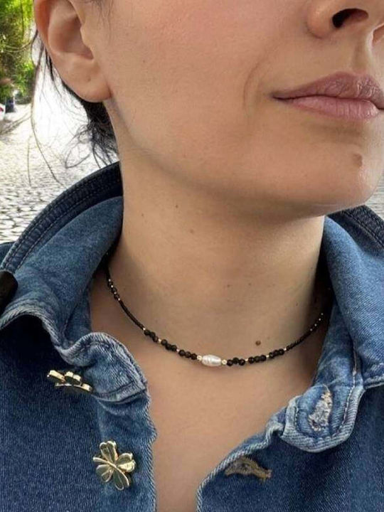 Colier Handmade Elina Choker Din Miyuki Negru Obsidian Argint Placat Cu Aur 925
