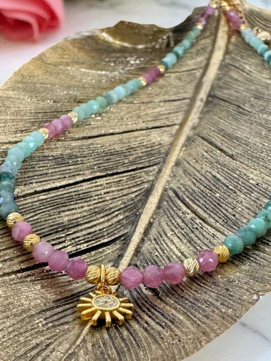 Colier Choker Handmade Solandra Din Smarald Natural Cu Cristale Roz De Turmalină 925 Talisman Soare