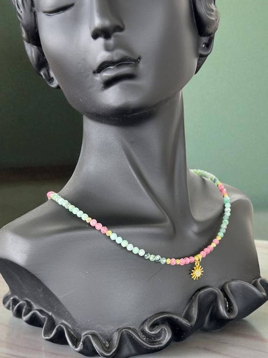 Colier Choker Handmade Solandra Din Smarald Natural Cu Cristale Roz De Turmalină 925 Talisman Soare