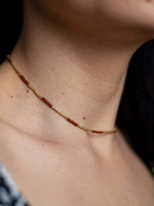 Colier Cu Piatra Semiprețioasă Jasper Roșu Choker Elegant Din Piatră Naturală Vania Sunstone Miyuki Seed Placat Cu Aur 18k