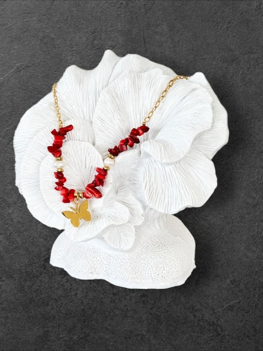 Colier Boho Chips De Coral Roșu Mărgele Naturale Din Oțel Placat Cu Aur 14k