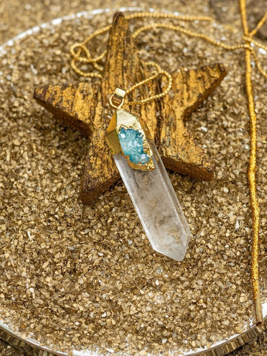 Colier Ira Cristal Pandantiv Cristal De Stâncă Cuarț Transparent Punct Cuarț Placat Cu Aur 18k Druzy Agat