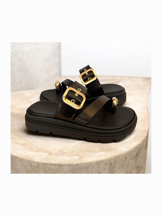 Leather Women's Flat Sandals Flatforms Black