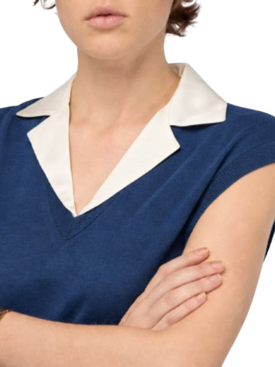 Winter Women's Sleeveless Fleece Blouse Blue White