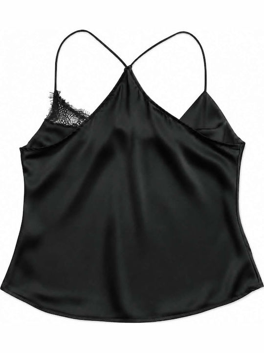 Damen Bluse Satin Drapierung mit Spaghetti-Träger Schwarz