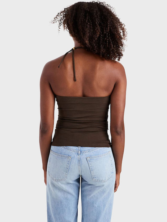 Women's Cotton One Shoulder Blouse with Neck Tie Brown