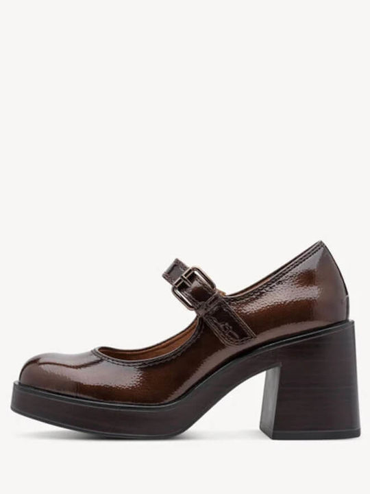 Pointed Toe Heels Made of Patent Leather with Strap and High Heel Brown