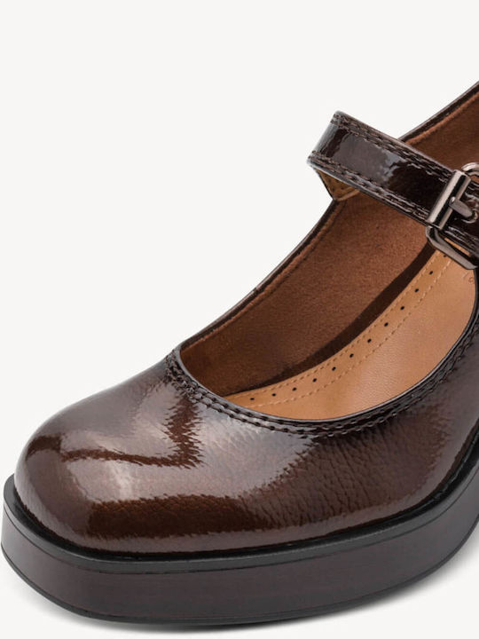 Pointed Toe Heels Made of Patent Leather with Strap and High Heel Brown