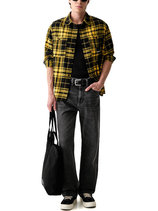Long Sleeve Denim Overshirt in Regular Fit Checked Yellow- Black