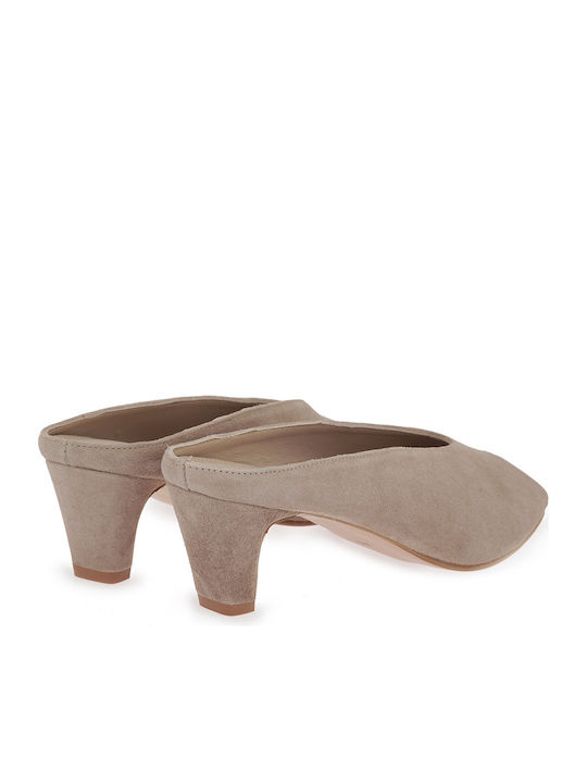 Suede Mules With Low Heel In Beige Colour