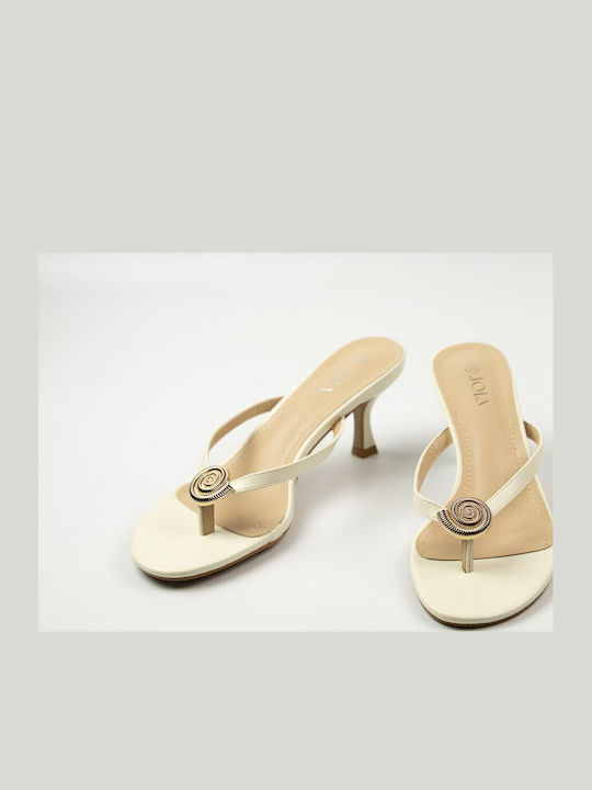Mules with Thin Low Heel in Beige Colour