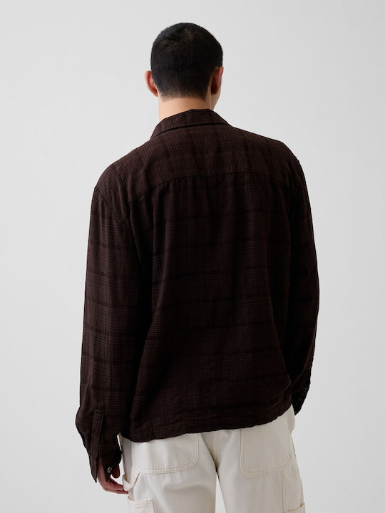 Long Sleeve Checked Terra Brown Seersucker
