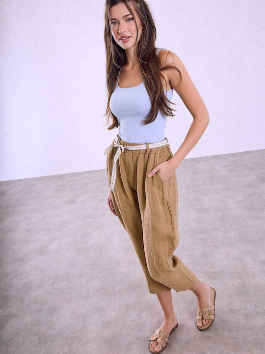 Celestino Damen Leinen Hose Mit Stoffgürtel Camel