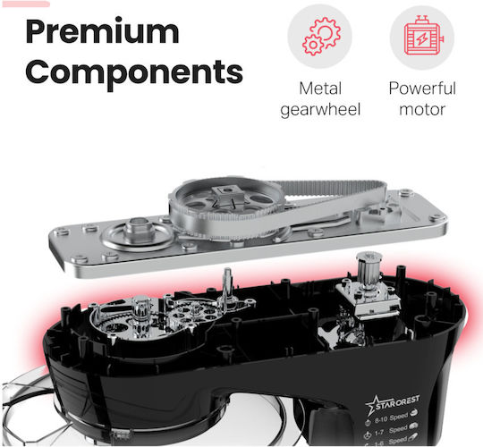Starcrest Küchenmaschine 1300W mit Rostfreiem Schüssel 5,2l Grau