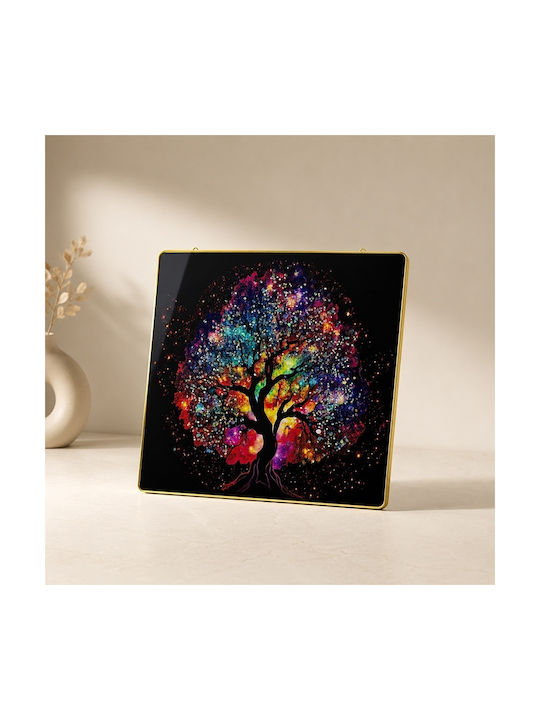 Pictură Decorativă Modernă Copacul Vieții Multicolor 3D Cu Cristale Embosate Cadru Auriu 40x40 Cm