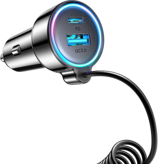 Joyroom JR-CL07 Car Charger 72W 3A Fast Charging with Ports 1xUSB-A 1xType-C with Type-C Cable Black Colour