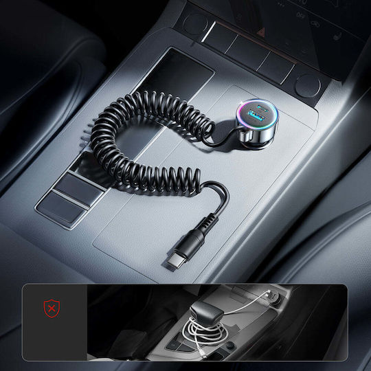 Joyroom JR-CL07 Car Charger 72W 3A Fast Charging with Ports 1xUSB-A 1xType-C with Type-C Cable Black Colour