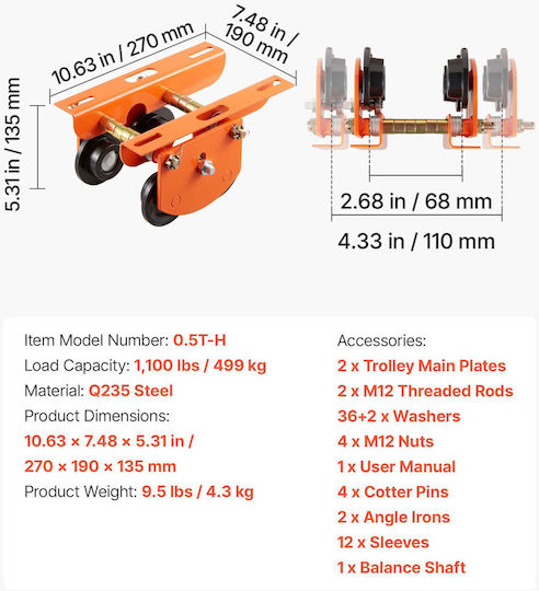 Troler Manual de Ridicare Electrică Vevor Capacitate de Încărcare 0,5 Tone Pa200 Pa250 Pa300 Pa400 Pa500 Troler pentru Grindă cu Roți Duble Lățime Reglabilă a Flanșei Grinzii 68-110 Mm Grindă Dreaptă Curbată I
