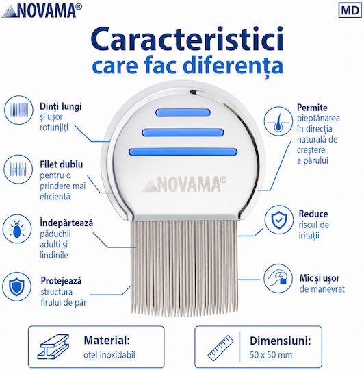 Novama Licer Pieptene pentru îndepărtarea păduchilor și lindinilor Oțel inoxidabil Dinți lungi 50 X 50 Mm