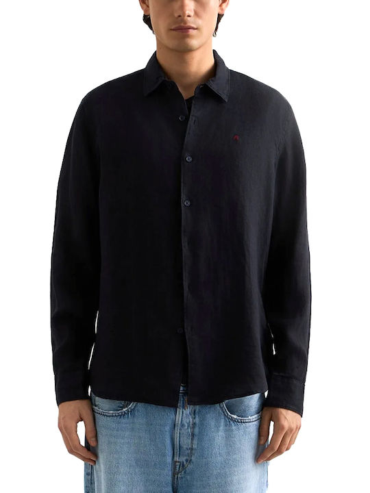 Long Sleeve Linen Shirt in Oversized Line Blue