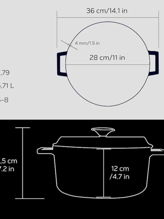Lava Βαθιά Κατσαρόλα από Μαντέμι 6.71lt / 28cm Μαύρη