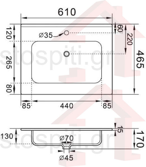KLP Piccolo Aufgesetztes Waschbecken Porzellan 61x46.5x17cm Weiß