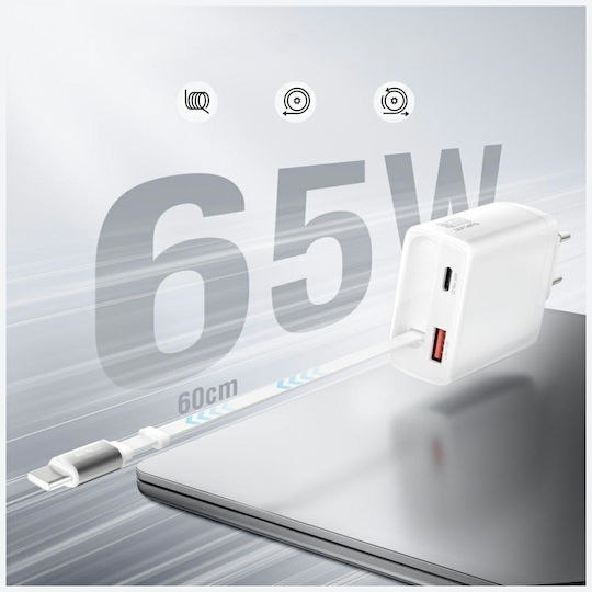 4Smarts Φορτιστής Χωρίς Καλώδιο GaN με Θύρα USB-A και Θύρα USB-C 65W Power Delivery / Quick Charge 3.0 / SuperCharge Λευκός (Pdplug Slim)