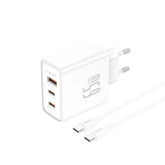 Foneng Φορτιστής GaN με Θύρα USB-A και 2 Θύρες USB-C και Καλώδιο USB-C - USB-C 65W Power Delivery / Quick Charge 3.0 Λευκός (GaN50)