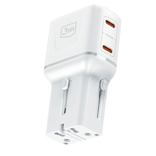 3MK Зарядно Устройство Без Кабел с 2 USB-C Порта 45W Power Delivery / Quick Charge 4.0 Бял (Incharge Globe)