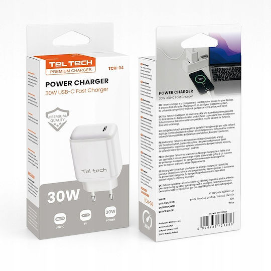 Teltech Handyladegerät Ohne Kabel mit USB-C Ausgangsanschlüsse 30W Weiß (TCH-04)