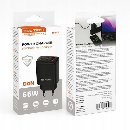 Teltech Charger Without Cable GaN with USB-A Port and USB-C Port 65W Power Delivery Black (TCH-05)