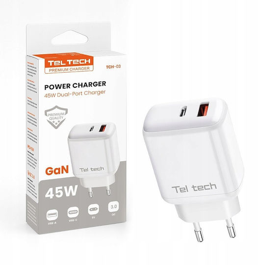 Teltech GaN Handyladegerät Ohne Kabel mit USB-A und USB-C Ausgangsanschlüsse 45W Stromlieferung Weiß (TCH-03)