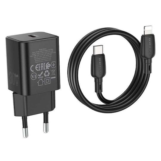 Borofone Charger GaN with USB-C Port and Cable USB-C - Lightning 30W Power Delivery Blacks (BN13 Safety)