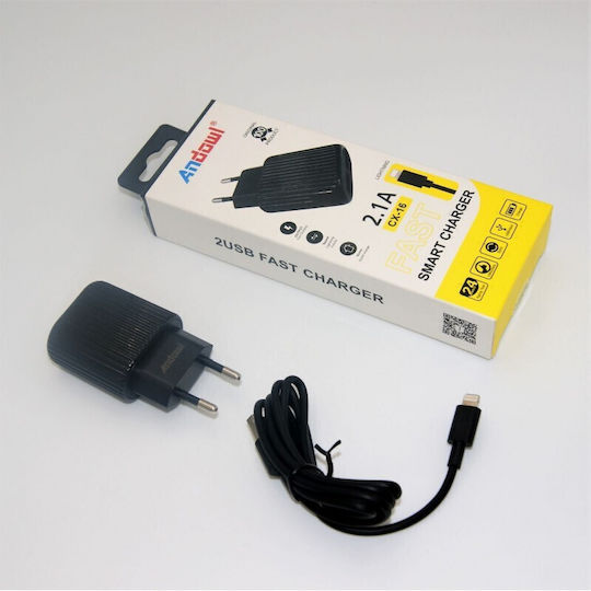 Andowl Charger with 2 USB-A Ports and Cable Lightning Blacks (CX-16)