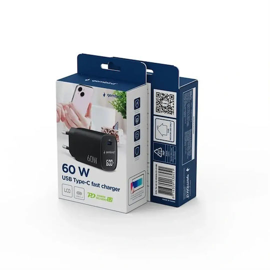 Gembird Зарядно Устройство Без Кабел с USB-C Порт 60W Power Delivery / Quick Charge 3.0 Черен (TA-UC-1C-PD60LCD-01-BK)