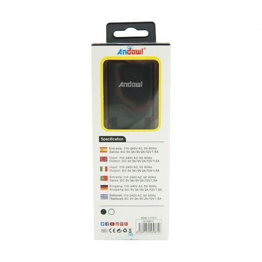 Andowl Φορτιστής με Θύρα USB-A και Καλώδιο USB-C Quick Charge 3.0 Μαύρος (CX-18)