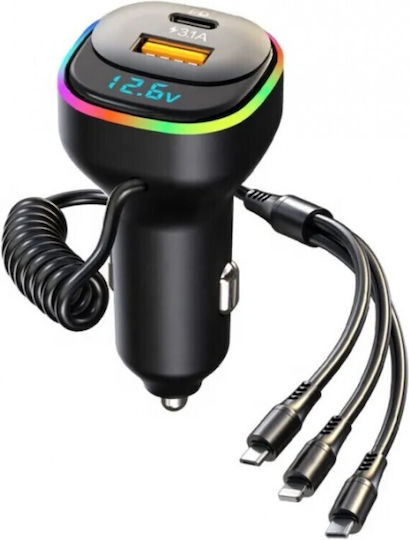 Car Charger 36W with Ports: 1xUSB 1xType-C with Cable Embedded