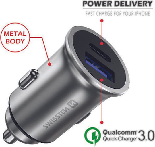 Swissten Car Charger 36W 3A Fast Charging with Ports: 1xUSB 1xType-C Silver Color