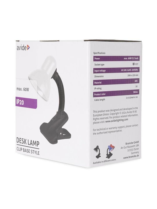 Avide Office Lamp for Socket E27 and Clip in White Color